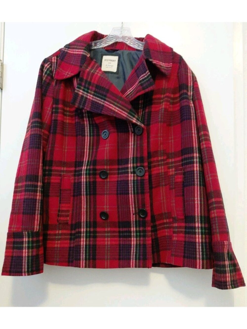 Old Navy Women’s Plaid Peacoat Red Tartan Double Breasted Wool Blend XL Holiday